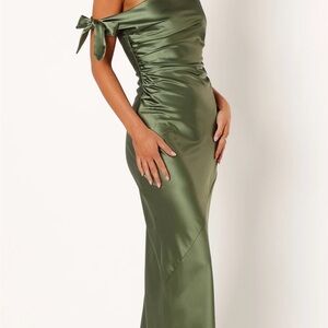 Petal & Pup One Shoulder Satin Dress in Olive